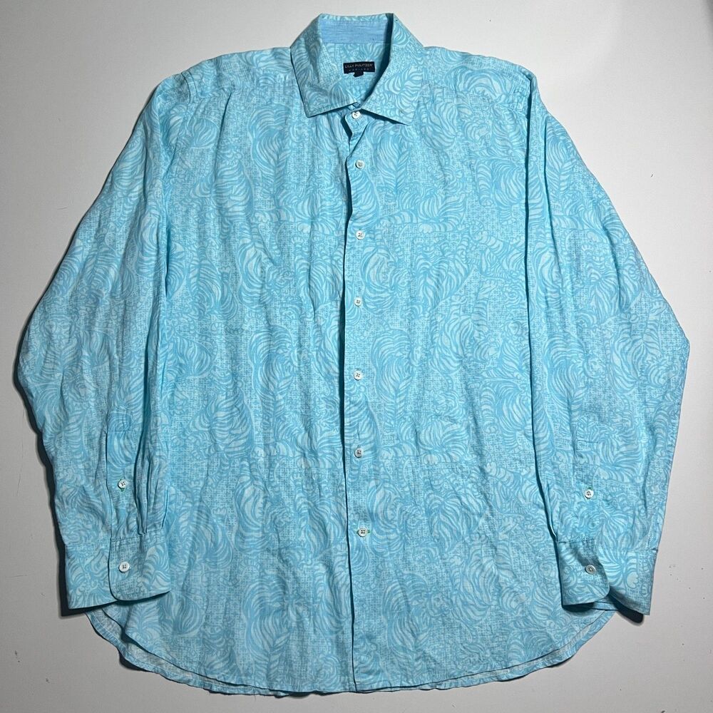 Lilly Pulitzer Jubilee Linen Shirt Men Extra Large Blue Long Sleeve Resort